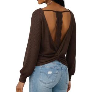 imageCUPSHE Womens Long Sleeve Crewneck Blouse Sexy Back Lace Ribbed Knit TopsCoffee Brown