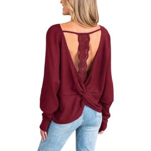 imageCUPSHE Womens Long Sleeve Crewneck Blouse Sexy Back Lace Ribbed Knit TopsRed