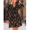 imageCUPSHE Womens Fall Dresses Floral V Neck Lace Cutout Long Sleeve Smocked A Line Mini DressBlack