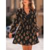 imageCUPSHE Womens Fall Dresses Floral V Neck Lace Cutout Long Sleeve Smocked A Line Mini DressBlack