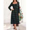 imageCUPSHE Womens Fall Plaid Christmas Dress Square Neck Midi Dress Long Sleeve Smocked Bow Midi DressesGreen