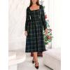 imageCUPSHE Womens Fall Plaid Christmas Dress Square Neck Midi Dress Long Sleeve Smocked Bow Midi DressesGreen