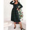 imageCUPSHE Womens Fall Plaid Christmas Dress Square Neck Midi Dress Long Sleeve Smocked Bow Midi DressesGreen