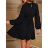 imageCUPSHE Womens Fall Wedding Guest Dresses Pleated Flowy Mini Dress Long Sleeve Keyhole Neck Short DressBlack