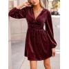 imageCUPSHE Womens Mini Party Dresses V Neck Button Long Sleeve Smocked Tunic Waist Casual Short Flowy Fall Cocktail DressBurgundy