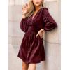 imageCUPSHE Womens Mini Party Dresses V Neck Button Long Sleeve Smocked Tunic Waist Casual Short Flowy Fall Cocktail DressBurgundy