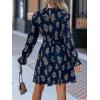 imageCUPSHE Womens Mock Neck Floral Mini Fall Dress Long Ruffle Sleeve Elastic Waist Smocked Casual Flowying Mini DressesNavy Floral