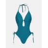 imageCUPSHE Womens One Piece Swimsuit Bathing Suit Halter Cutout Pluning Neck Backless Self Tie TexturedDark Teal Blue
