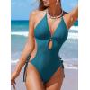 imageCUPSHE Womens One Piece Swimsuit Bathing Suit Halter Cutout Pluning Neck Backless Self Tie TexturedDark Teal Blue