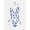 imageCUPSHE Womens One Piece Swimsuit Bathing Suit Halter Cutout Pluning Neck Backless Self Tie TexturedWhiteBlue Floral