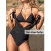 imageCUPSHE Womens One Piece Swimsuit Bathing Suit Halter Triangle Tops V Neck Ruched Short Sleeve Mesh RuffledBlack