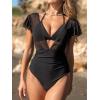 imageCUPSHE Womens One Piece Swimsuit Bathing Suit Halter Triangle Tops V Neck Ruched Short Sleeve Mesh RuffledBlack