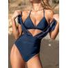 imageCUPSHE Womens One Piece Swimsuit Bathing Suit Halter Triangle Tops V Neck Ruched Short Sleeve Mesh RuffledNavy Blue