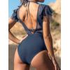 imageCUPSHE Womens One Piece Swimsuit Bathing Suit Halter Triangle Tops V Neck Ruched Short Sleeve Mesh RuffledNavy Blue