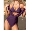 imageCUPSHE Womens One Piece Swimsuit Bathing Suit Halter Triangle Tops V Neck Ruched Short Sleeve Mesh RuffledPurple Wine
