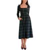 imageCUPSHE Womens Fall Plaid Christmas Dress Square Neck Midi Dress Long Sleeve Smocked Bow Midi DressesGreen