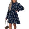 imageCUPSHE Womens Mock Neck Floral Mini Fall Dress Long Ruffle Sleeve Elastic Waist Smocked Casual Flowying Mini DressesNavy Floral