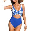 imageCUPSHE Womens One Piece Surplice Neck Front Cutout Bathing Suit Wide Adjustable StrapsBlueWhite Floral