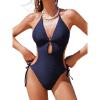 imageCUPSHE Womens One Piece Swimsuit Bathing Suit Halter Cutout Pluning Neck Backless Self Tie TexturedNavy Blue