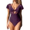 imageCUPSHE Womens One Piece Swimsuit Bathing Suit Halter Triangle Tops V Neck Ruched Short Sleeve Mesh RuffledPurple Wine