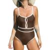 imageCUPSHE Womens One Piece Swimsuit Scoop Neck Bathing Suit Keyhole Cutout Color Block Adjustable Straps SwimwearBrownWhite