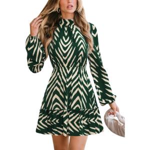 imageCUPSHE Ruffle Fall Dress for Women Geometric Stand Collar Long Sleeve Back Tie Cutout Smocked Mini DressesGreen