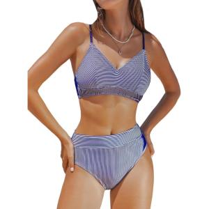 imageCUPSHE Womens Bikini Sets Two Piece Swimsuit High Waisted Striped V Neck Swimwear Back TieNavy Stripes