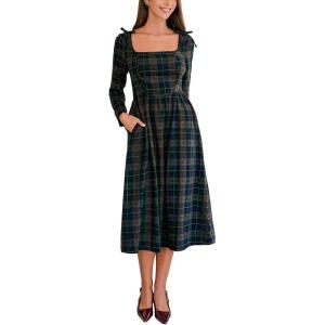 imageCUPSHE Womens Fall Plaid Christmas Dress Square Neck Midi Dress Long Sleeve Smocked Bow Midi DressesGreen