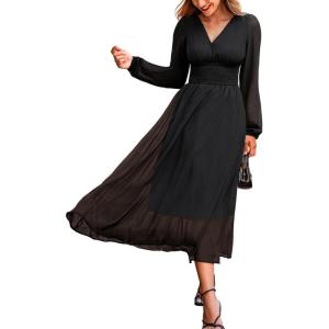 imageCUPSHE Womens Fall V Neck Long Sleeve Maxi Dresses Smocked Waist Elegant Cocktail Wedding Guest DressBlack