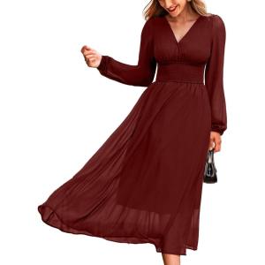 imageCUPSHE Womens Fall V Neck Long Sleeve Maxi Dresses Smocked Waist Elegant Cocktail Wedding Guest DressRed
