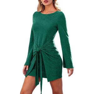 imageCUPSHE Womens Fall Wedding Guest Christmas Dress Long Sleeve Wrap Dress Tie Waist Crewneck Bodycon Mini DressesGreen