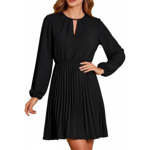 imageCUPSHE Womens Fall Wedding Guest Dresses Pleated Flowy Mini Dress Long Sleeve Keyhole Neck Short DressBlack
