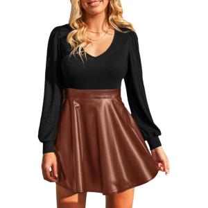 imageCUPSHE Womens Long Sleeve Fall Mini Dress V Neck High Waist A Line Ruffle Faux Leather DressBlackbrown