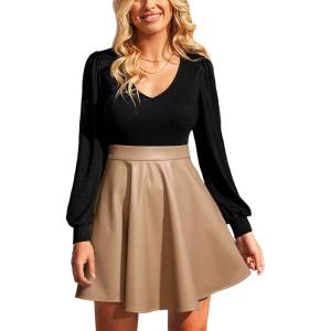 imageCUPSHE Womens Long Sleeve Fall Mini Dress V Neck High Waist A Line Ruffle Faux Leather DressBlackkhaki