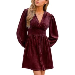 imageCUPSHE Womens Mini Party Dresses V Neck Button Long Sleeve Smocked Tunic Waist Casual Short Flowy Fall Cocktail DressBurgundy