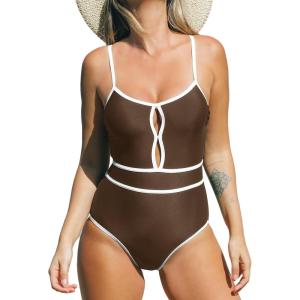imageCUPSHE Womens One Piece Swimsuit Scoop Neck Bathing Suit Keyhole Cutout Color Block Adjustable Straps SwimwearBrownWhite