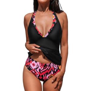 imageCUPSHE Womens Tankini Sets Halter V Neck Two Piece Bathing Suits Adjustable Straps Mid Rise SwimwearBlackEthnic