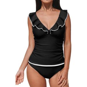 imageCUPSHE Womens Tankini Sets Two Piece Swimsuit V Neck Ruffled Adjustable Straps Ruched XS4XLBlack
