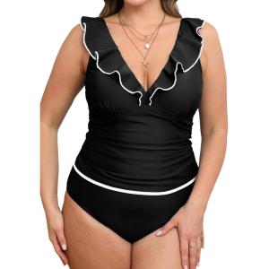 imageCUPSHE Womens Tankini Sets Two Piece Swimsuit V Neck Ruffled Adjustable Straps Ruched XS4XLPblack