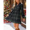 imageCUPSHE Women Fall Dresses Plaid Ruffle Hem V Neck Long Sleeve Button Holiday Tunic Mini DressGreen