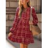 imageCUPSHE Women Fall Dresses Plaid Ruffle Hem V Neck Long Sleeve Button Holiday Tunic Mini DressRed