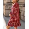 imageCUPSHE Women Fall Dresses Plaid Ruffle Hem V Neck Long Sleeve Button Holiday Tunic Mini DressRed