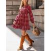 imageCUPSHE Women Fall Dresses Plaid Ruffle Hem V Neck Long Sleeve Button Holiday Tunic Mini DressRed