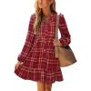 imageCUPSHE Women Fall Dresses Plaid Ruffle Hem V Neck Long Sleeve Button Holiday Tunic Mini DressRed