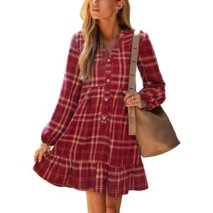 imageCUPSHE Women Fall Dresses Plaid Ruffle Hem V Neck Long Sleeve Button Holiday Tunic Mini DressRed