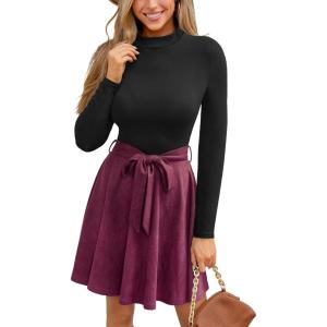 imageCUPSHE Womens Fall Dresses Long Sleeves Round Neck Casual Outfits A Line Work Belted Vacation Mini SundressBurgundy