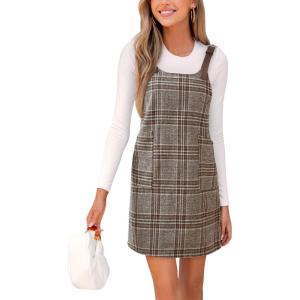 imageCUPSHE Womens Plaid Overall Dress Woven Scoop Neck Sleeveless Fall Pinafore Mini Dress with PocketsBrown