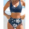 imageCUPSHE Womens Bikini Sets High Waisted Two Piece Swimsuit V Neck Front Wrap Adjustable Straps Ruched Bottom SwimwearNavy BlueFloral