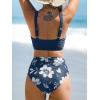 imageCUPSHE Womens Bikini Sets High Waisted Two Piece Swimsuit V Neck Front Wrap Adjustable Straps Ruched Bottom SwimwearNavy BlueFloral
