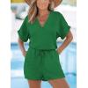 imageCUPSHE Womens Romper Knit V Neck Short Sleeves Drawstring Waist Straight leg Outfit Casual DressyEmerald Green